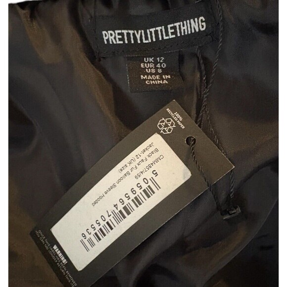 PrettyLittleThing Black Faux Fur Balloon Sleeve Hooded Jacket Women's Size 8 US - Picture 6 of 14